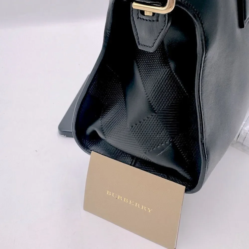 Auth Burberry Black Matte Leather Clifton Convertible 2way Handbag Purse